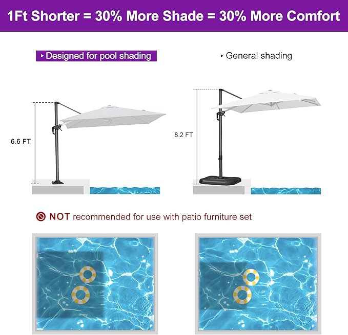 PURPLE LEAF 8' X 8' Patio Umbrella with Steel Plate Base for Pool 7' High Offset Outdoor Cantilever Umbrella Swimming Pool Umbrella with 360°Rotation for Poolside Light Grey