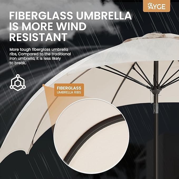 Ayge 9FT Large Outdoor Patio Umbrella Market Table Umbrella-UV Resistant, Easy Push Button Tilt and Crank, 8 Sturdy Fiberglass Ribs Heavy-Duty Pool Umbrella for Deck, Backyard,Garden,White