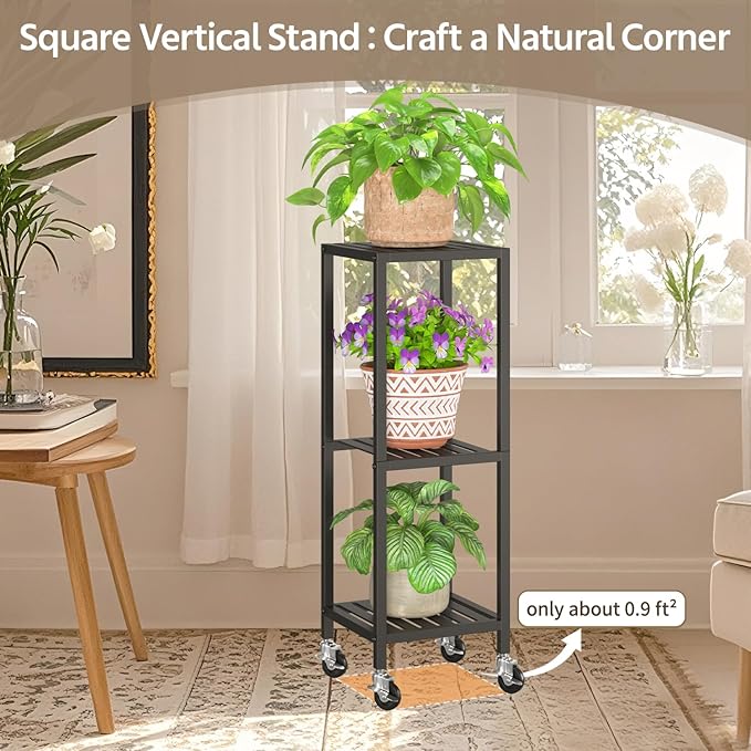 LASZOLA 3 Tier Black Metal Plant Stand Indoor Outdoor with Wheel for Large Planter, Modern Heavy Duty Tall Rolling Rack for Corner House Bathroom Patio Floor, Iron Flower Shelf Holder for Orchid Fern