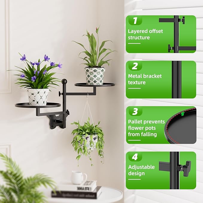 Rotating Window Wall Plant Shelves Indoor Wall Plant Stand Holder 2-Tier Floral Metal Window Shelf Holder for Multiple Plants Space Saving Pet Child Friendly Home Decor Layer Butterfly Design Black