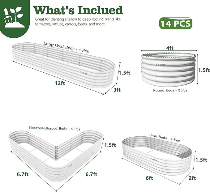 A ANLEOLIFE Set of 14, 18 Inch Tall Raised Garden Beds Kit, Heart-Shaped, Long Oval & Round Metal Planters – Ideal for Creative Garden Layouts, Antique White