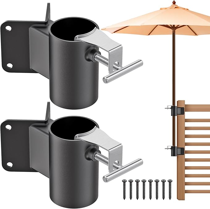 Heavy Duty Deck Railing Umbrella Holder, Patio Umbrella Stand for 1-2 Inch Poles, Space-Saving Design, Secure & Sturdy Post Corner Mount for Deck Railing, Balcony, Outdoor Courtyard, Fences