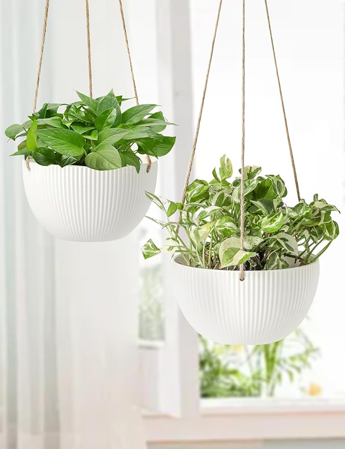 UBEE Ceramic Hanging Planters Indoor Outdoor, 7.5 Inch + 6.5 Inch Hanging Flower Pot for Plants Hanging Basket for Succulent Pothos Herbs Window Home Decor, 2 Pack, White