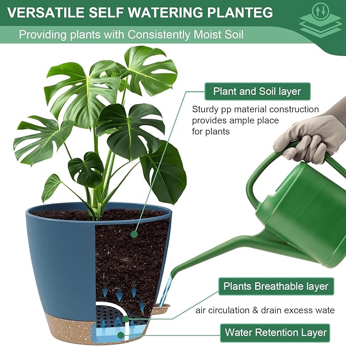 8/10/12 Inch Large Self Watering Pots for Indoor Plants Plastic Plant Pot for Outdoor Plants, Water Level Window & Spacious Reservoir Flower Pots Decorative Planter with Drainage and Tray (Blue)