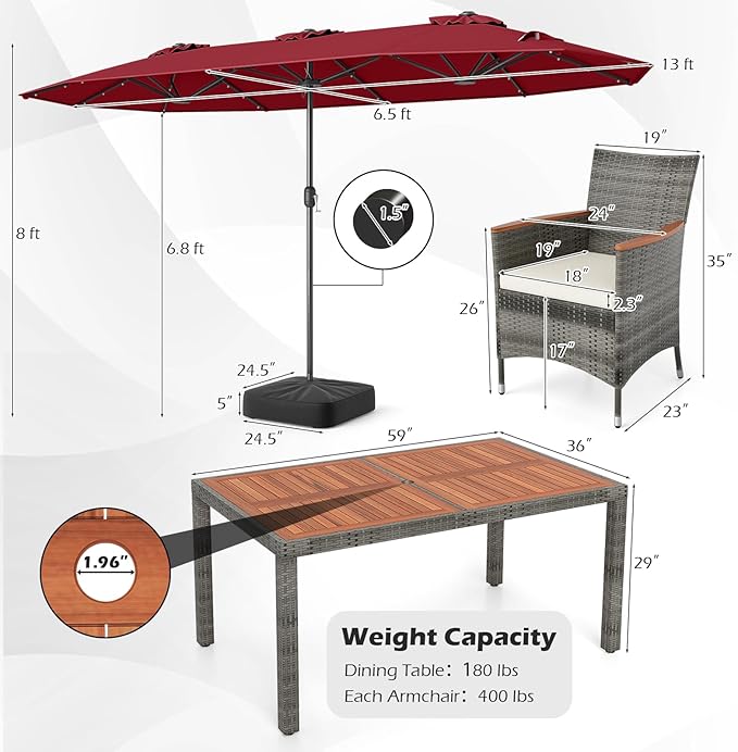 Tangkula 9 Pieces Rattan Outdoor Dining Set with 13Ft Solar Patio Umbrella for 6, Outdoor Wicker Table Set with 8 Cushioned Chairs, Acacia Wood Top, Outdoor Umbrella with Base Included