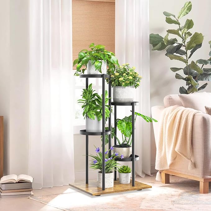 iDavosic.ly 4 Tier Plant Stand Indoor Outdoor, Tiered Corner Multiple Flower Pot Holder Shelf, Metal 30 Inch Tall Display Rack for Patio Porch Living Room Garden Balcony, Modern Black & Rustic Brown