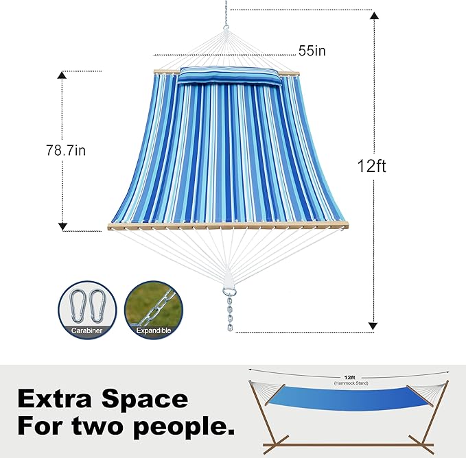 Double Quilted Fabric Tree Hammock with Spreader Bar, 12ft Hammocks 2 Person for Outside, Fits 11ft -13ft Hammock Stand, Large Pillow, Side Pocket & Carabiner, Max 475 lbs Capacity (Ocean Blue)