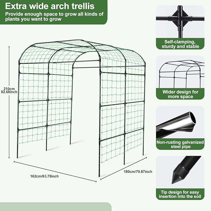 Lalahoni Large Garden Trellis Arch for Climbing Plants Outdoor, 7.8 feet Tall Metal Walkway Arbor Plant Support Vine Flower Vegetables Cucumber Trellis for Raised Bed, with Netting, Lightweight