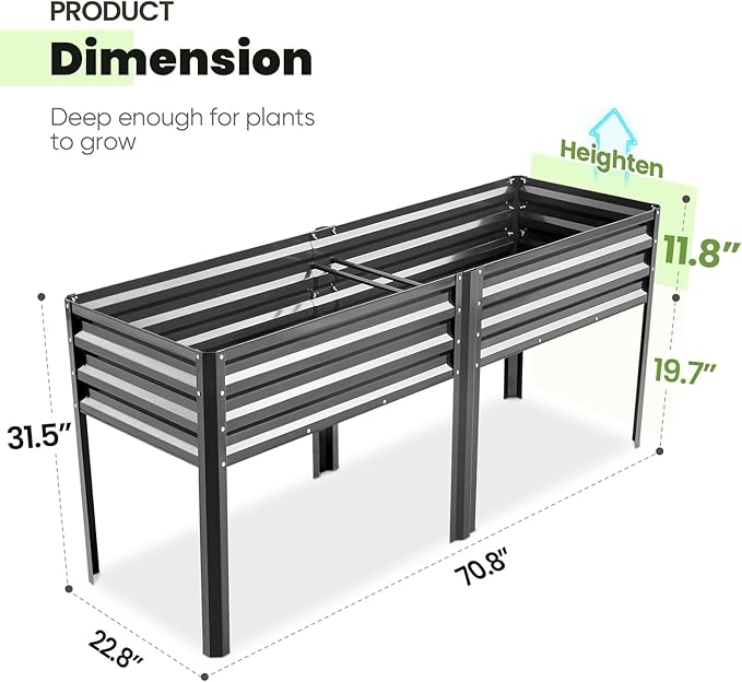 KING BIRD Raised Garden Bed with Irrigation System and Legs Galvanized Elevated Planter Box for Backyard, Patio, Balcony, 600lb Capacity, Dark Grey, 70.9x22.8x31.5 in