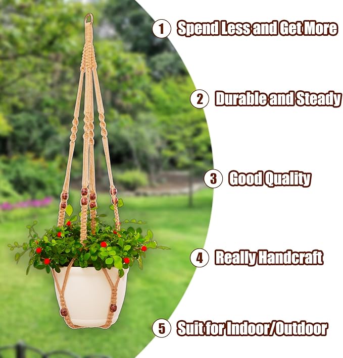 Macrame Plant Hanger Indoor Set,Hanging Planters for Indoor Plants Outdoor,Hanging Plant Holder Basket Pot with 8 Hooks,Boho Home Decor Crochet Beads Window Ceiling,No Tassels 4 Pack,Brown