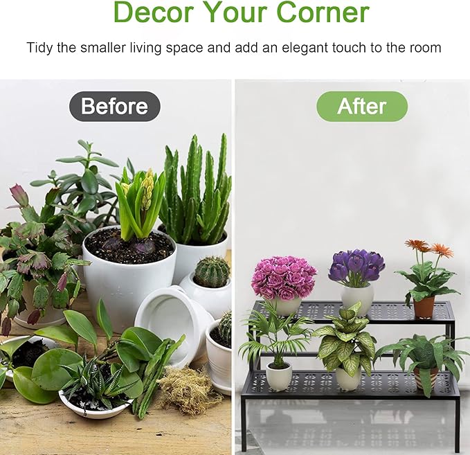 Metal Plant Stand Metal 2 Tier Potted Multiple Flower Pot Holder Plant Shelf Indoor Plants Multiple,Outdoor Heavy Duty Planter Display Shelving Unit for Patio Garden Corner Balcony Living Room(Black)