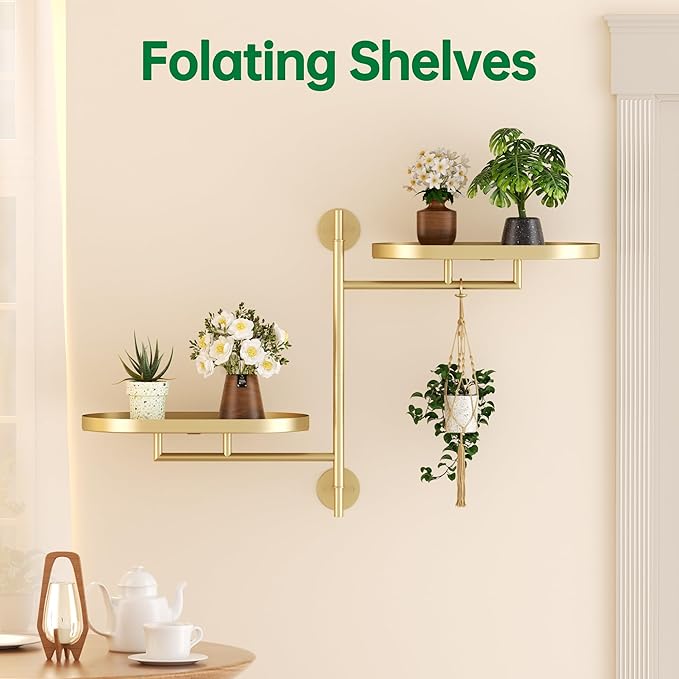 Rotating Window Shelves for Multiple Plants Indoor,2-tier Metal Corner golden Plant Stand Holder Floating Hanger Shelf for Wall，Windows Sill Gifts for Planter Lover to Enhance Home Decor