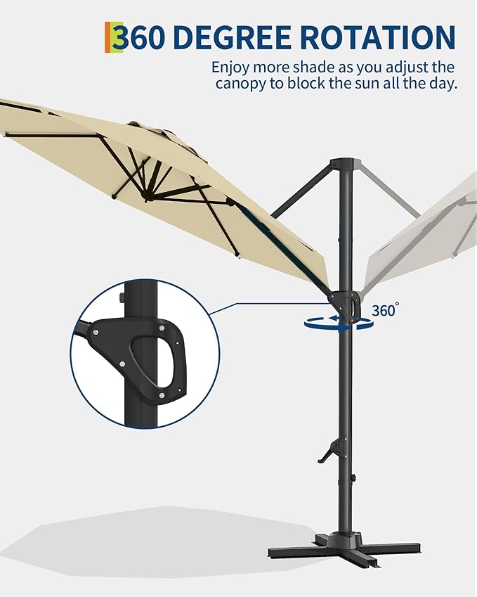 GarveeLife 10FT Patio Umbrella Outdoor Large Cantilever Umbrella Market Sun Shade Windproof Offset Umbrella with 360-Degree Rotation for Garden Deck Pool Patio, Beige