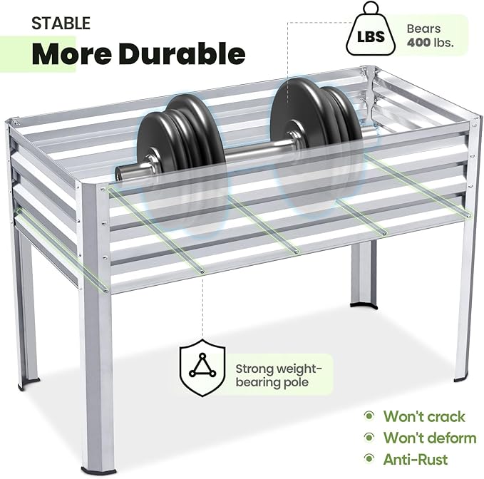 KING BIRD Large Raised Garden Bed with Legs Galvanized Elevated Planter Box 48×24×32 in for Backyard, Patio, Balcony, 400lb Capacity, Silver