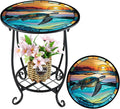 Outdoor Side Table Round Small Mosaic Patio Accent Indoor End Plant Coffee Tea Table for Yard Patio Porch Garden Living Room, Bedroom(Turtle Style,14 Inch)
