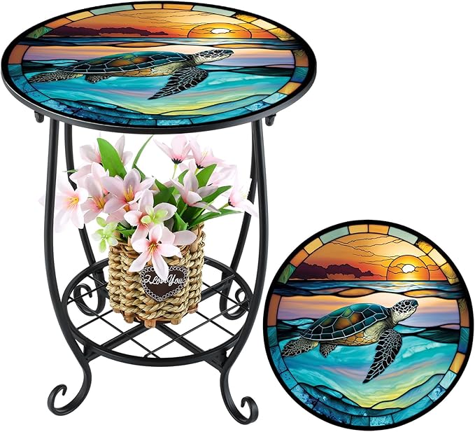 Outdoor Side Table Round Small Mosaic Patio Accent Indoor End Plant Coffee Tea Table for Yard Patio Porch Garden Living Room, Bedroom(Turtle Style,14 Inch)