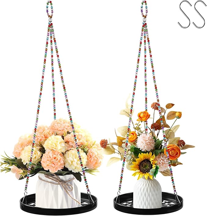 2-Pack Modern Boho Macrame Plant Hanger, 10/11 Inch Metal Hanging Planter Holder for Indoor and Outdoor Home Garden Decor, Black Hanging Plant Shelf for Window, Wall, and Ceiling. (Garden, 10/11)