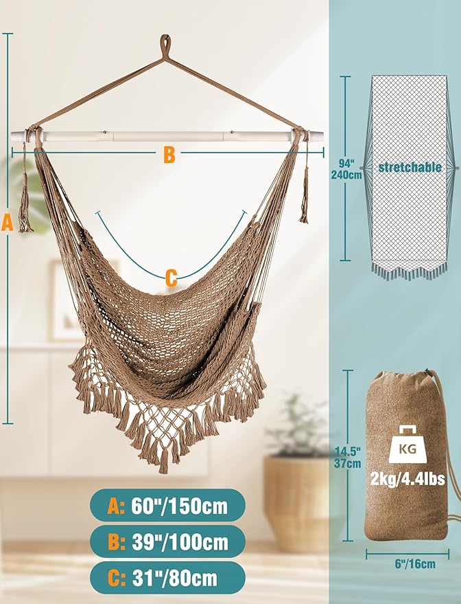 Chihee Hammock Chair Super Large Soft-Spun Cotton Rope Weaving Hanging Chair, Collapsible Strong Metal Spreader Bar Wide Seat Lace Stretch Swing Chairs Indoor Outdoor Garden Yard Theme Decoration