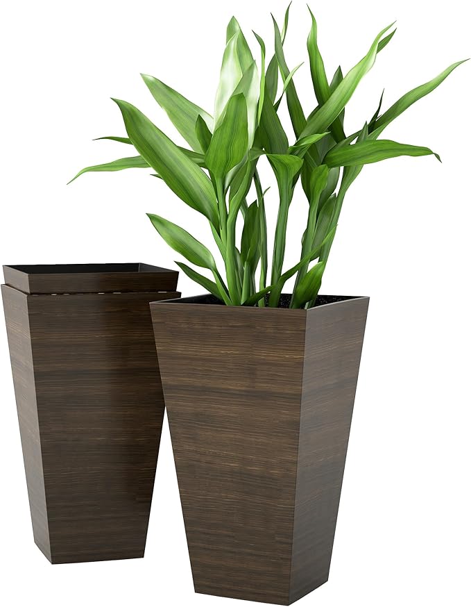Outsunny Tall Planter for Outdoor Plants Set of 3, 28 Inch Taper Planter with Drainage Holes, Wood Grain Decor Garden Pot for Indoor Outdoor Porch Patio Backyard, Brown