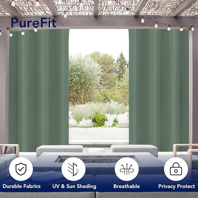 PureFit Outdoor Curtains for Patio Waterproof Weatherproof, UV and Fade Resistant Outside Curtains for Gazebo, Front Porch, Pergola, Sun Blocking Privacy Curtain, 52W x 108L inch, 1 Panel, Sage Green