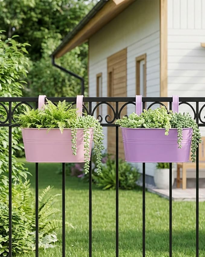 Railing planter box - 3 Pack Metal Hanging Flower Pots with Detachable Hooks & Drainage Holes, Window Oval Bucket Fence Hanging Planters for Outdoor Plants Garden Balcony Home Decor, Purple Pink Blue
