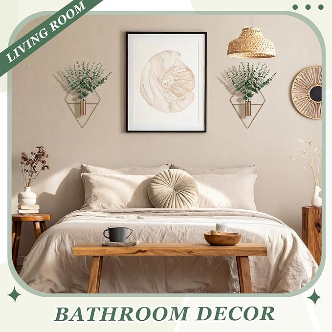 4 Pieces Bronze Wall Decor Hanging Planters with Artificial Plants Metal Hanging Vase Indoor Plants Holder Modern Boho Wall Art for Bathroom Bedroom Living Room Decor, Eucalyptus