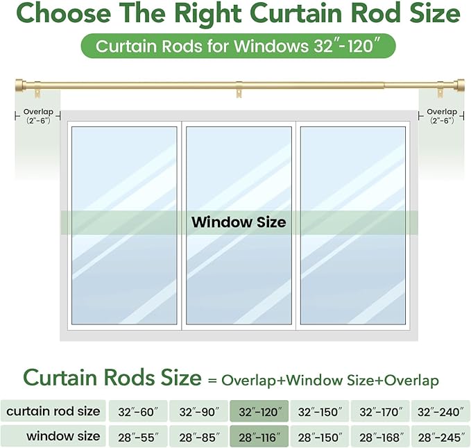 Time Forest Gold Curtain Rods for Windows 32 to 120 Inch (2.6-10 Feet), 1 Inch Diameter Adjustable Heavy Duty Extra Long Curtain Rod, Modern Style Indoor Outdoor Window Drapery Rods with End Caps
