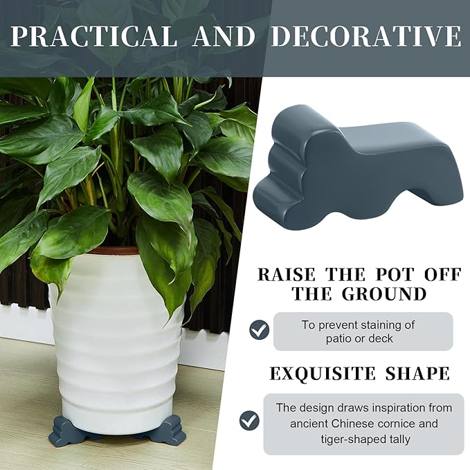 Kigeli 6 Pcs Resin Garden Pot Feet for Outdoor Planters 3 Inch Long 1.5 Inch Tall Flower Handmade Elevator Plant Feet Frost Proof Lifter for 14-20 in Pot(Blue Gray)