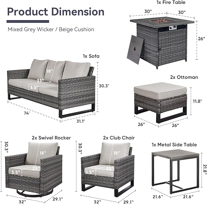 Belord Patio Furniture Set with Fire Pit Table: 9 Pieces Wicker Oversize Patio Conversation Set with Outdoor Swivel Glider Rocker Rattan Couch Ottomans, Anti-Rust Frame, Removable Cushion Beige