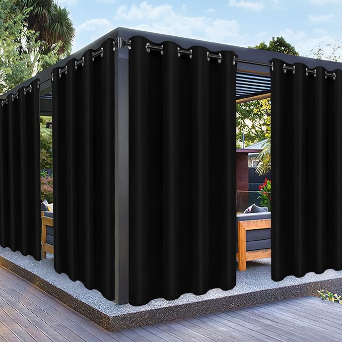 PureFit Outdoor Curtains for Patio Waterproof Weatherproof, UV Resistant Outside Curtains for Gazebo, Front Porch, Pergola, Sun Blocking Privacy Curtain, 52W x 108L inch, 1 Panel, Black