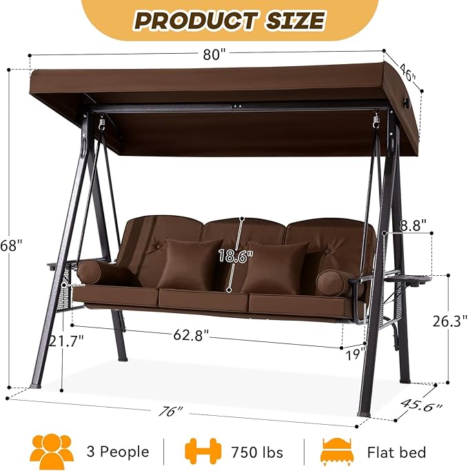 3 in 1 Outdoor Porch Swing with Canopy, 3 Seat Outdoor Swing for Adults, Patio Swing Chair with Thickened Cushions,Pillows & Cup Holders for Backyard, Porch, Garden (Brown)