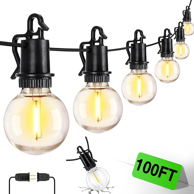 ZJOJO LED Outdoor String Lights,100FT Outdoor Lights for Patio with 32 Shatterproof Bulbs, 2700K Dimmable Waterproof Globe LED Patio Light Lights for Outside Christmas Backyard Bistro Porch Garden