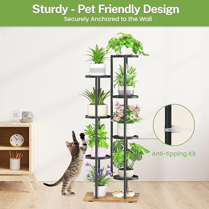 iDavosic.ly 7 Tier Plant Stand Indoor Outdoor, Tiered Corner Multiple Flower Pot Holder Shelf, Metal 51 Inch Tall Display Rack for Patio Porch Living Room Garden Balcony, Modern Black & Rustic Brown
