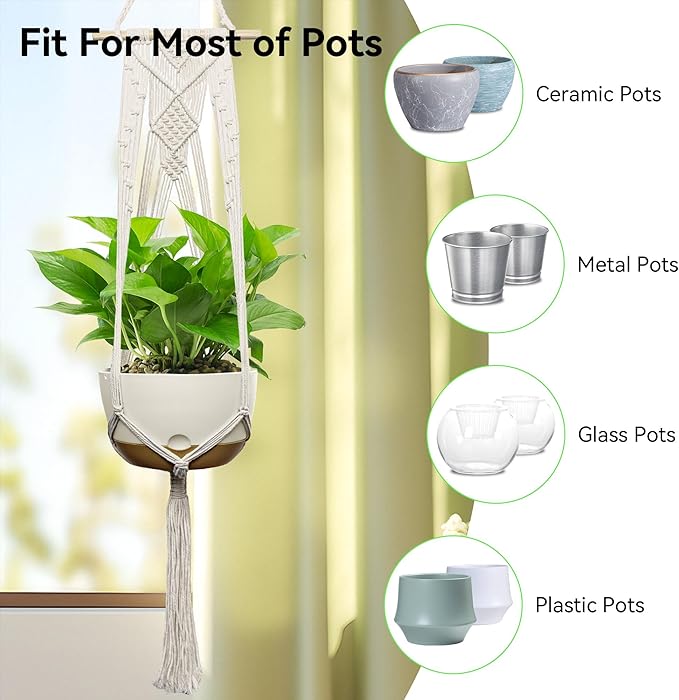USLAI Macrame Plant Hanger Indoor Outdoor, Fits 4 to 12 Inch Pots, Hanging Planter Holder with Dowel Rod and Tassels, Boho Home Decor, 47+47 Inch, Ivory (POTS NOT Included)