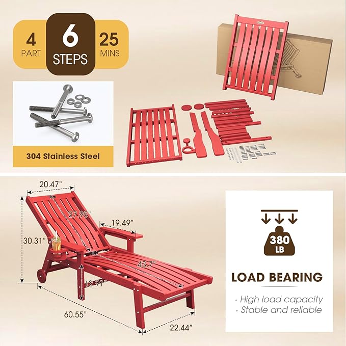 Patio Chaise Lounge Chair, Oversized Lounge Chair Outdoor with 5 Positions, HDPE, Patio Lounge Chair with Wheels & Cup Holder for Pool, Deck, Poolside,Red