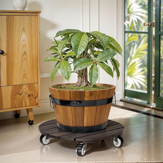 Idzo 2pack Wood Plant Caddy With Wheels Heavy Duty, 264 Lbs Capacity, 12 Inch Acacia Hardwood Plant Dolly, Plant Stand with 360° Lockable Wheels for Plant Pots, Heavy Objects Hauling - Black