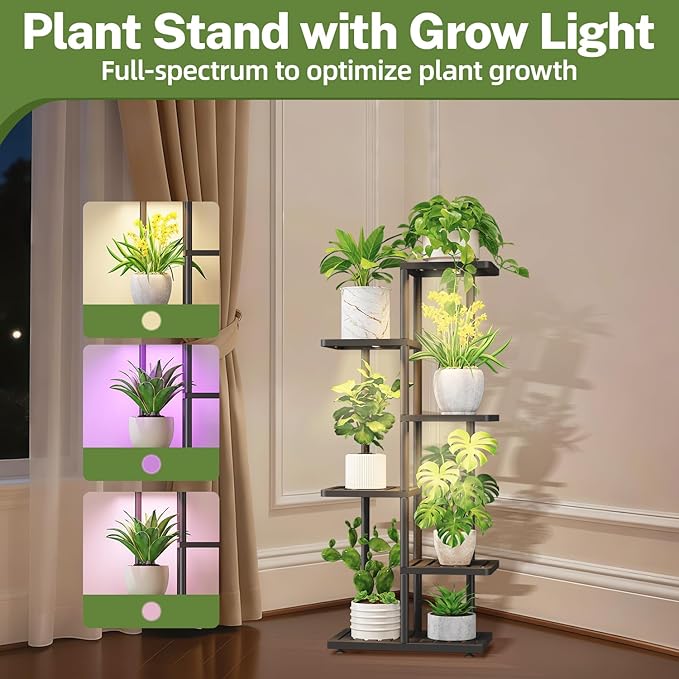 iDavosic.ly Plant Stand with Grow Light Indoor Outdoor, 5-Tier Tall Metal Flower Shelf for Heavy-Duty Large Planters, Corner Orchid Display Rack for Living Room Balcony Patio Porch, Modern Black