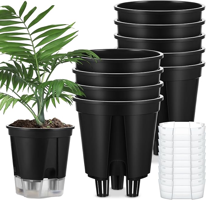 Self Watering Pots for Indoor Plants with Deep Reservoir and High Drainage Holes for Outdoor Plants and Flowers, Bare Root Planter (5.91'',Black,9 Pcs)