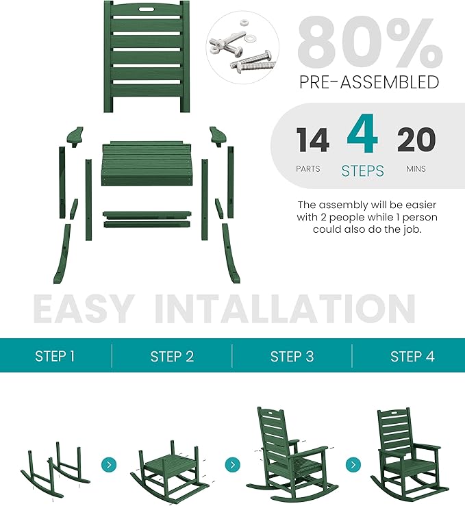 SERWALL Outdoor Rocking Chair Set of 4, Oversized HDPE Patio Rocking Chair with Footrest for Adults, All Weather Porch Rocker for Deck Patio Balcony, Green