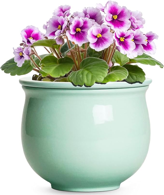 6 Inch African Violet Pots, Ceramic Self Watering Planter with Absorbent Inner Pot, Round Pots for Indoor Plants Outdoor, Ceramic Flower Pot, Office Decor, Plant Lover Gifts, Mint Green
