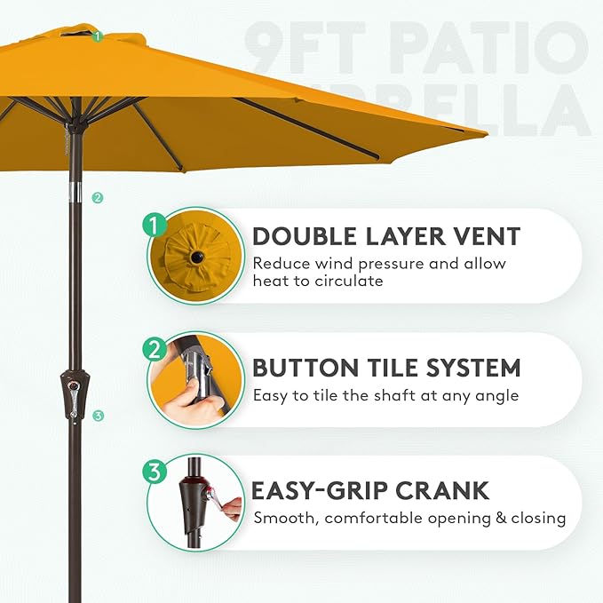 JEAREY 9FT Outdoor Patio Umbrella Market Umbrella with Push Button Tilt and Crank, Outdoor Table Umbrellas 8 Sturdy Ribs UV Protection Waterproof for Garden, Deck, Backyard, Pool (Bright Orange)