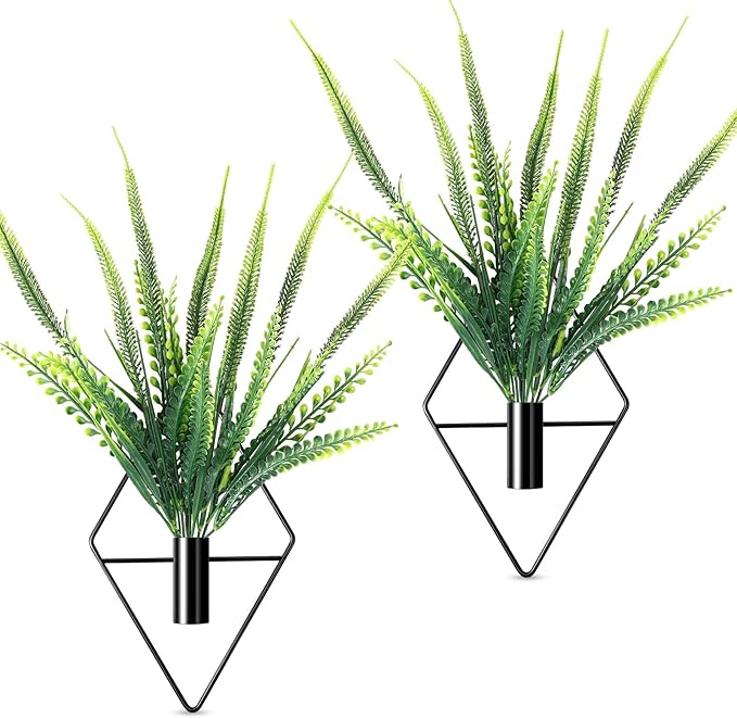 2 Pieces Black Wall Decor Hanging Planters with Artificial Plants Metal Hanging Vase Indoor Plants Holder Modern Geometric Wall Art for Bathroom Bedroom Living Room Decor(Boston Fern)