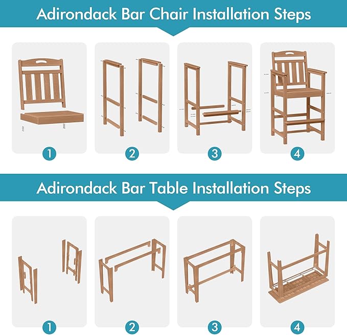 Ciokea 3 Pcs Outdoor Bar Height Table Set, 60" Extra Long Rectangle High Top Table and 2 Oversized Adirondack Chairs Set, Heavy-Duty All-Weather HDPE Patio Bar Set for Backyard Balcony Deck, Teak
