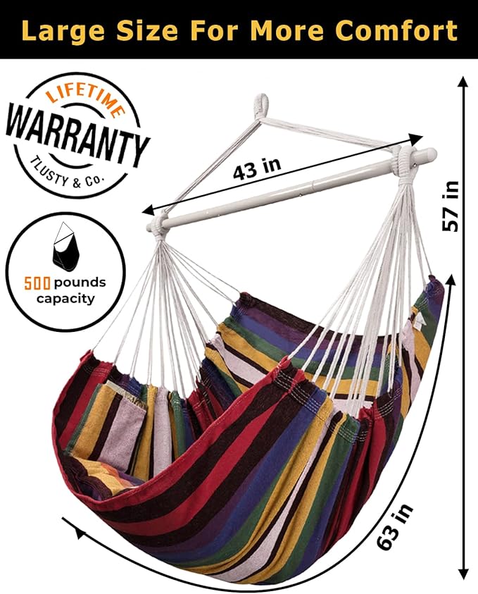 XXL Hammock Chair Hanging Rope Swing with 2 Cushions - Max 500lbs-Perfect for Patio, Porch, Bedroom, Backyard, Indoor or Outdoor - Includes Hanging Hardware Kits Rainbow