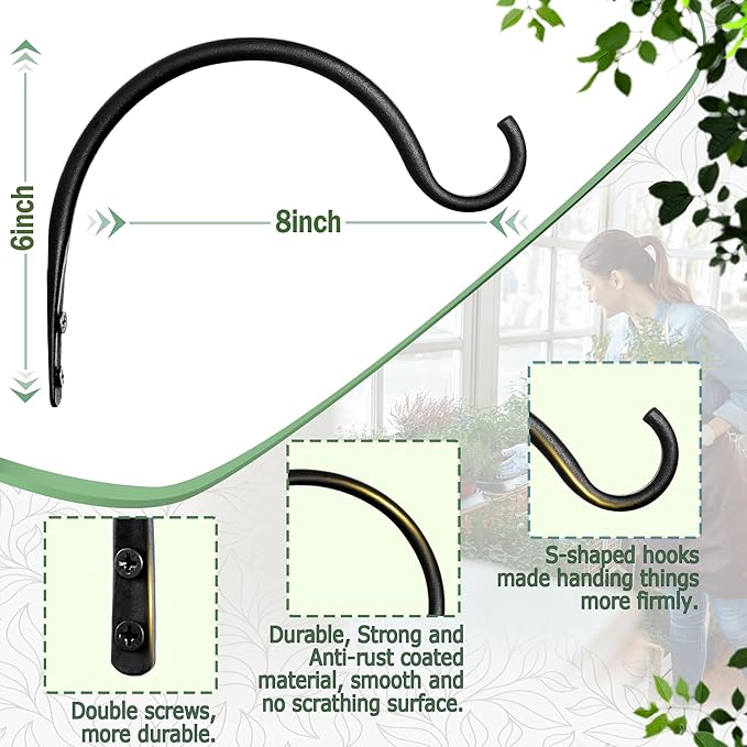 Qiang Ni Hanging Plant Bracket Hooks: 8 Inch Wall Plant Hook Planters and Decor - 2 Piece Rust-Resistant and Secure Brackets Maximize Your Outdoor Living Space