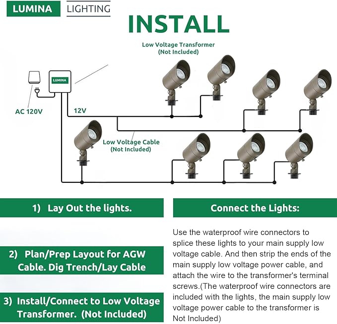 Lumina Lighting® 5W Landscape Lighting 12V Landscape Lights Low Voltage Landscape Spotlights Warm White Waterproof Outdoor Replaceable LED Bulb for Garden,Lawn,Porch,Patio and Yard (Bronze) (6-Pack)