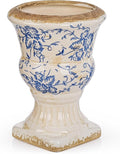 Sungmor Small Ceramic Urn Planter - Blue and White Floral Pedestal Flower Pot, Decorative Vintage Chinoiserie Style Planters, Tuscan Accent Vase Indoor Outdoor Plant Holder with Drainage