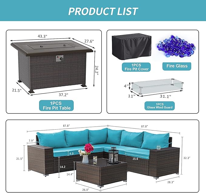 Kullavik 7 Pieces Outdoor Patio Furniture Set with 43" 55000BTU Gas Propane Fire Pit Table PE Wicker Rattan Sectional Sofa Patio Conversation Sets,Blue