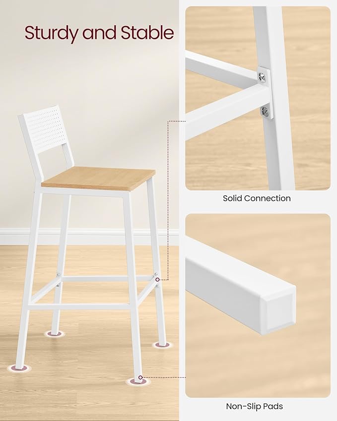 VASAGLE Bar Stool Set of 2, Bar Chairs for Kitchen, Dining Room, Industrial, Oak Beige and White ULBC070W09