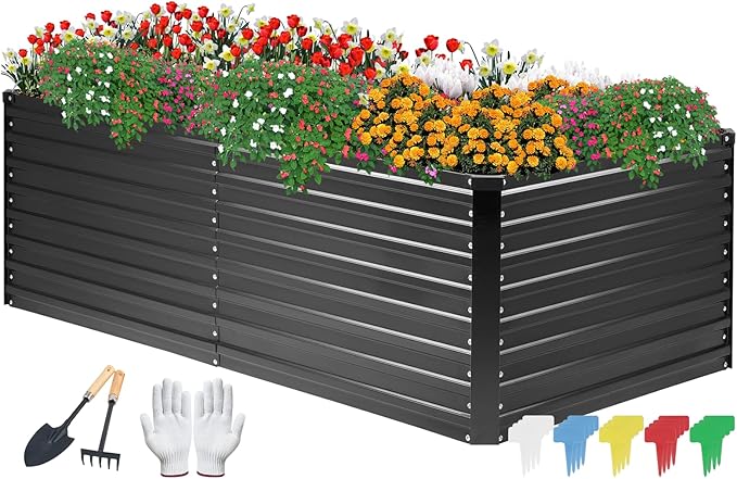 DTIG Galvanized Raised Garden Bed for Vegetables Flowers Herbs, Tall Metal Raised Garden Bed Kit with Garden Tools, Gloves, Plant Labels, Black 6×3×2FT